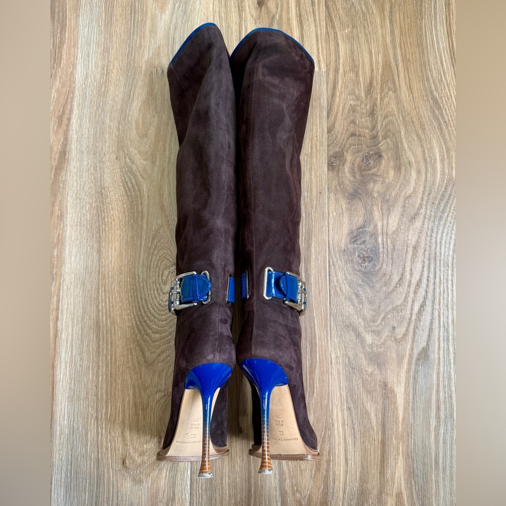 Gianmarco Lorenzi Brown Suede Knee High Boots Blue Patent Heel Size 39 - Picture 6 of 10